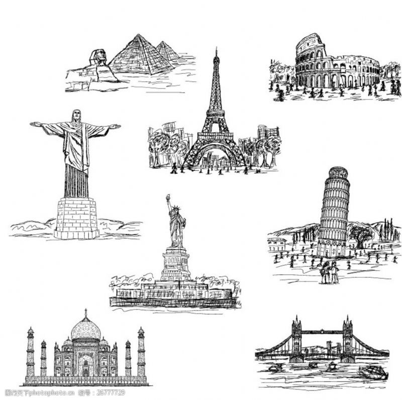 手绘世界著名建筑图片素材