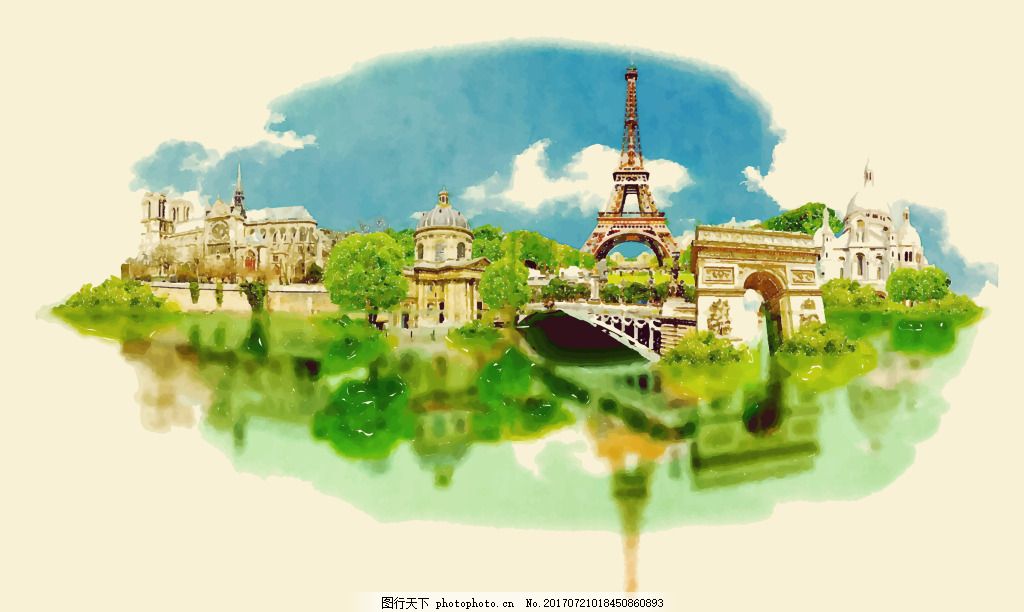 水彩绘法国建筑插画